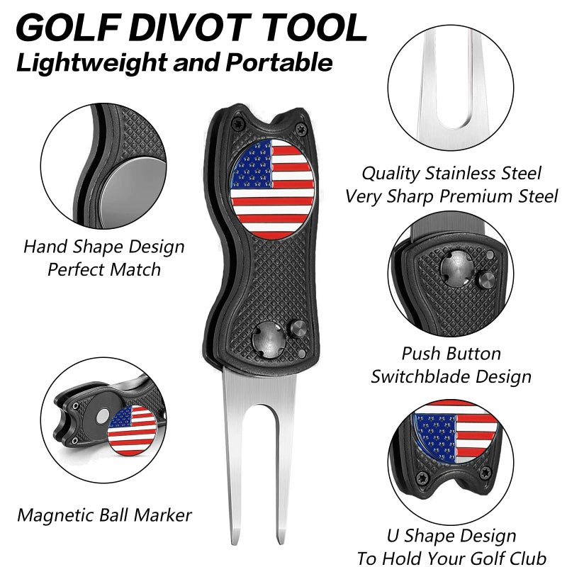FINGER TEN Golf Divot Repair Tool and Ball Marker Switchblade Value Pack, Foldable Magnetic Stainless Steel with Pop-up Button for Men Women (2 in Black+2 Ball Marker) - Image 2